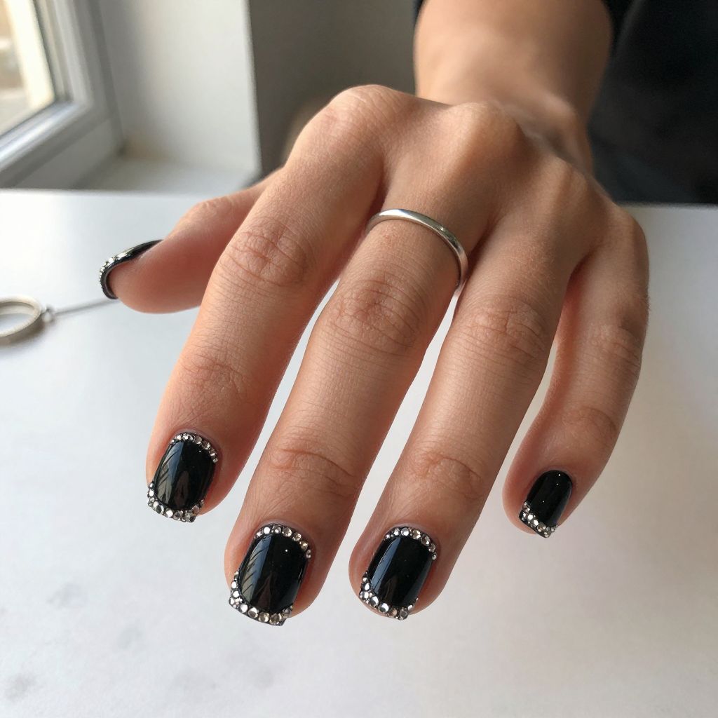 Black Square Nails With Full Glam Stone Detail