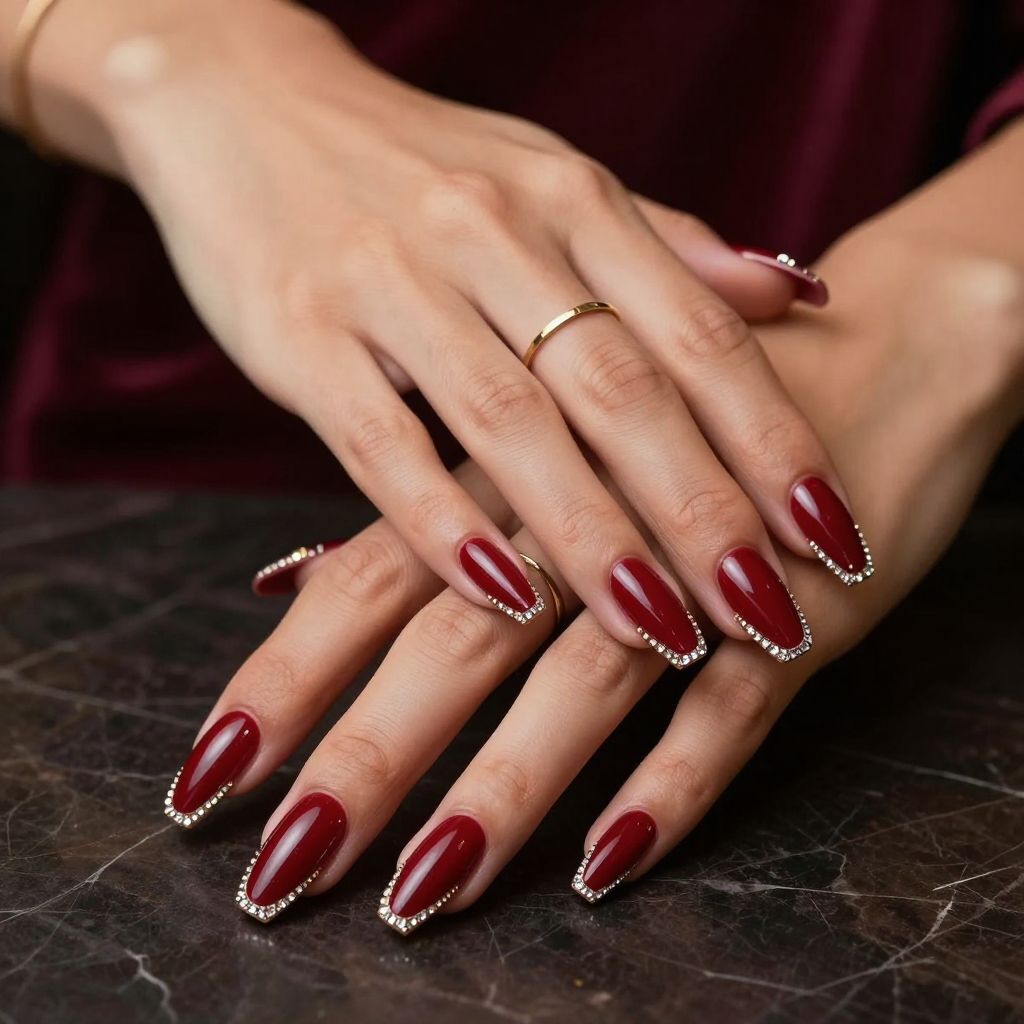 Red Coffin Nails With Rhinestone Border