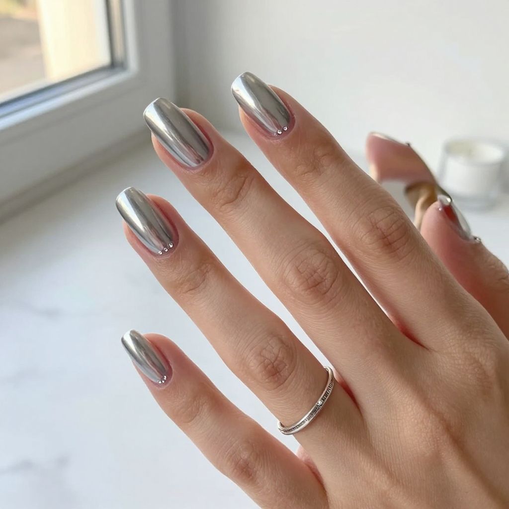 Chrome Silver Nails With Minimal Crystal Lines