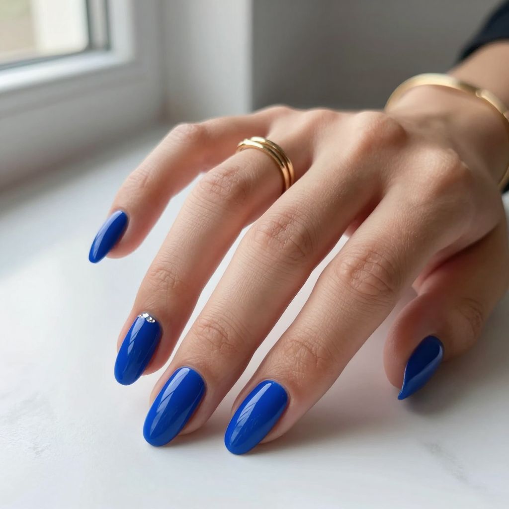 Glossy Royal Blue Almond Nails
