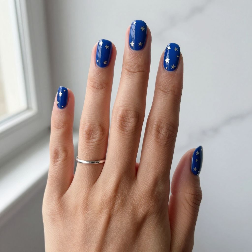 Royal Blue Nails with Silver Stars