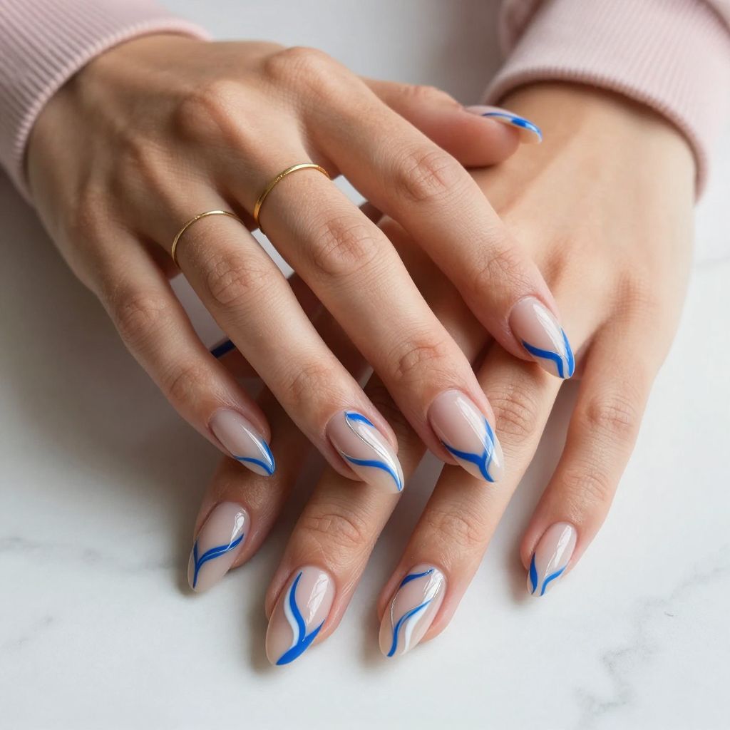 Royal Blue and White Swirl Nails