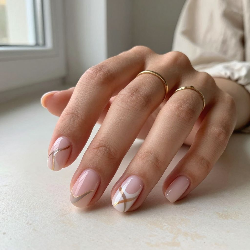 Short Gel Nail Ideas - Neutral Swirl Design