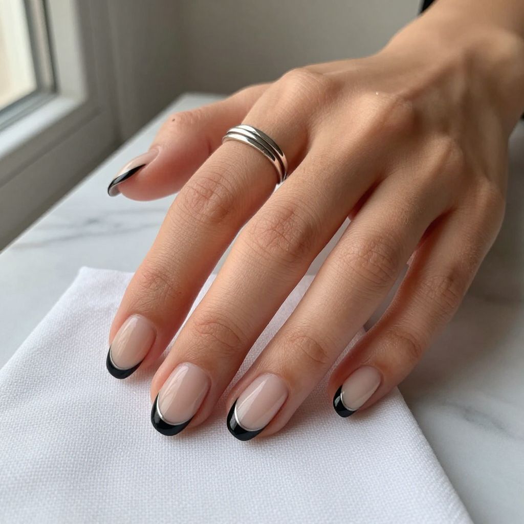 Short Gel Nail Ideas - Black and Nude Contrast