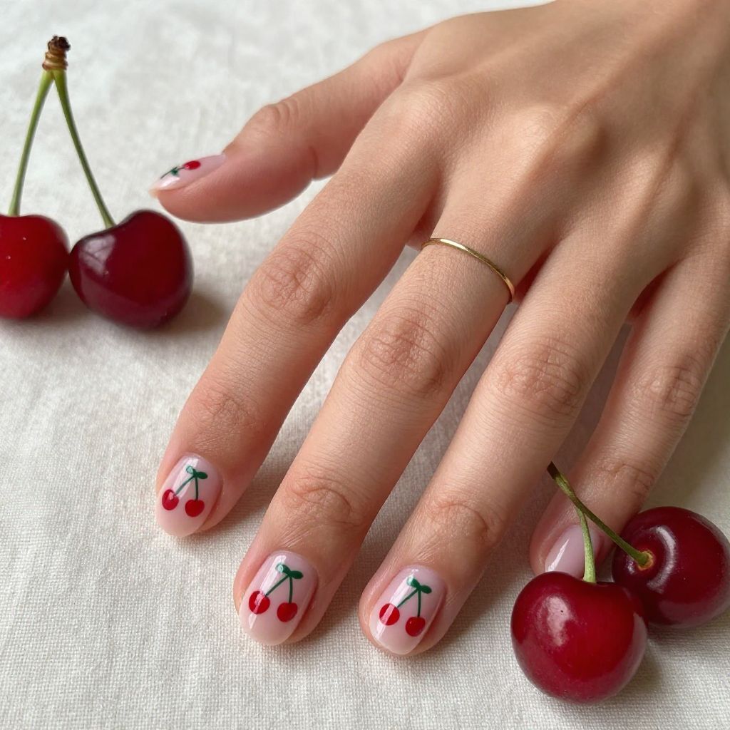 Cherry Accent Nails short nail design idea