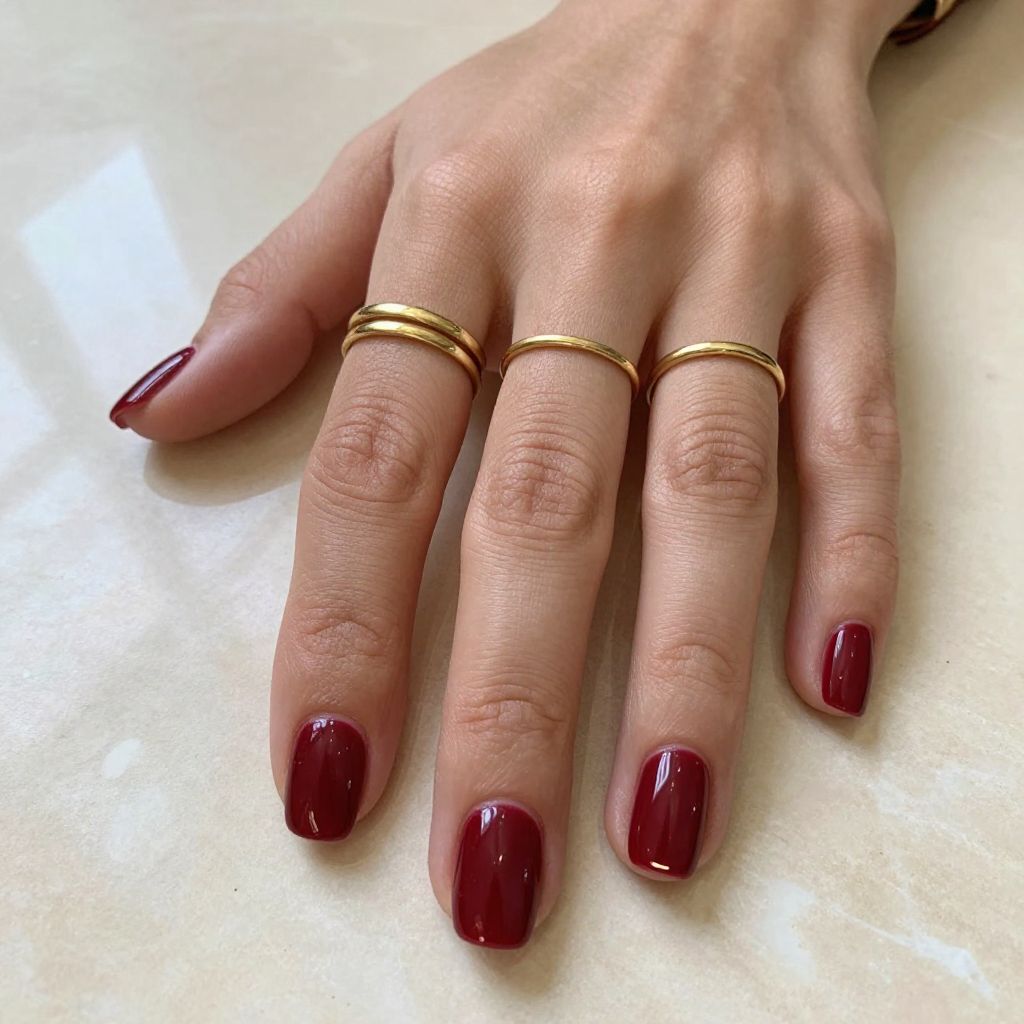 Deep Red Short Squares short nail design idea