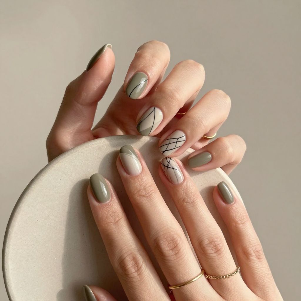 Olive Minimal Line Art short nail design idea