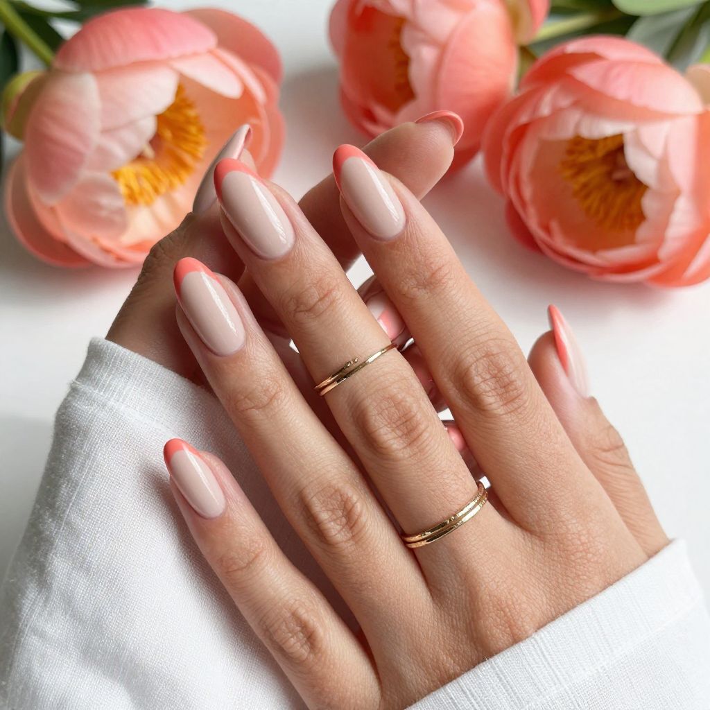 Coral Accent Stripe on Nude Coffin Nails