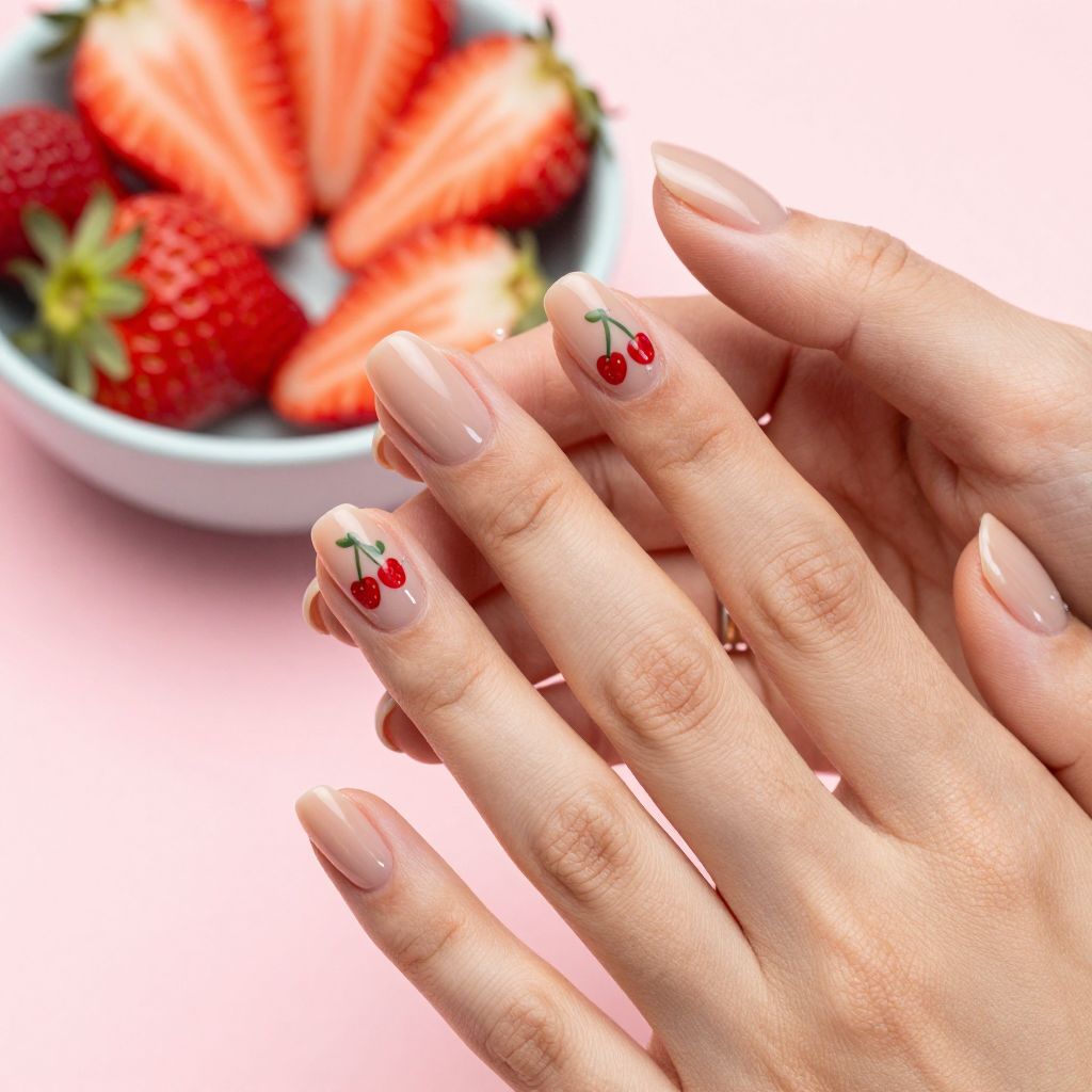 Nude Nails with Tiny Fruit Art