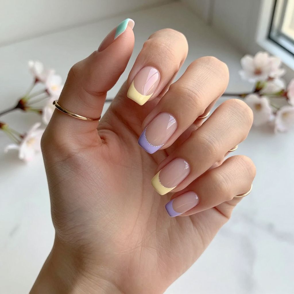 Pastel French Tips on Short Coffin Nails