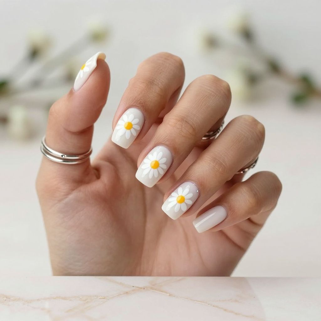 Daisy Accent Nails on Milky White Acrylics