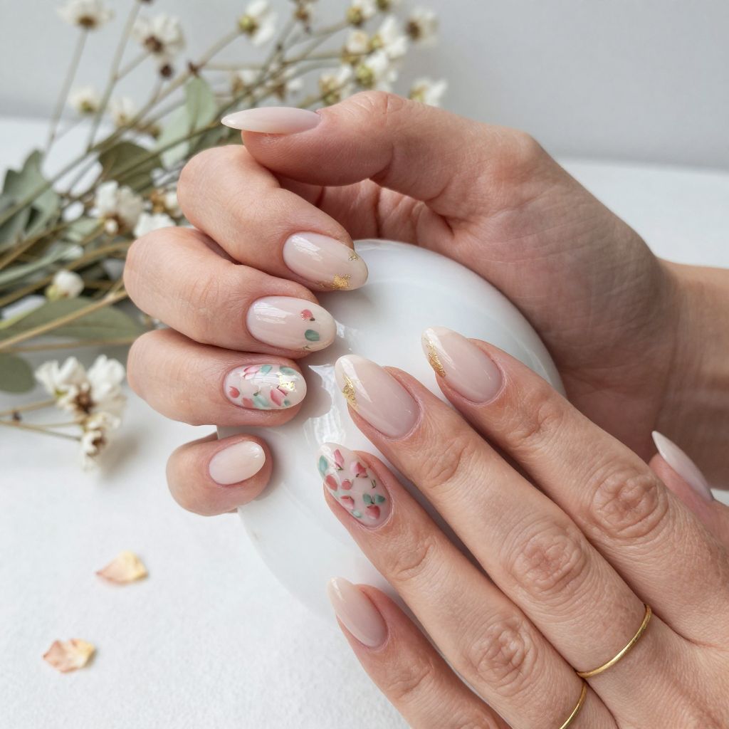 Floral Pressed Petal Design on Nude Acrylics