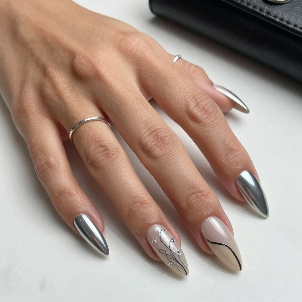 Chrome Silver Stiletto Nails