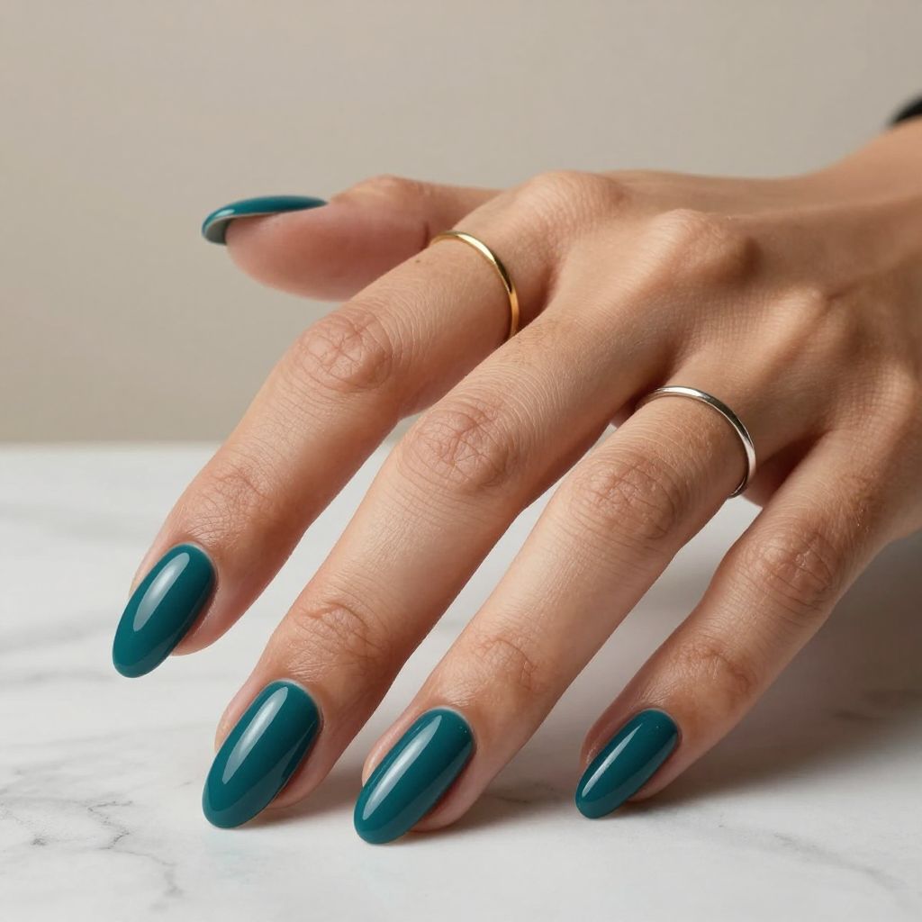 Glossy Teal Almond Nails
