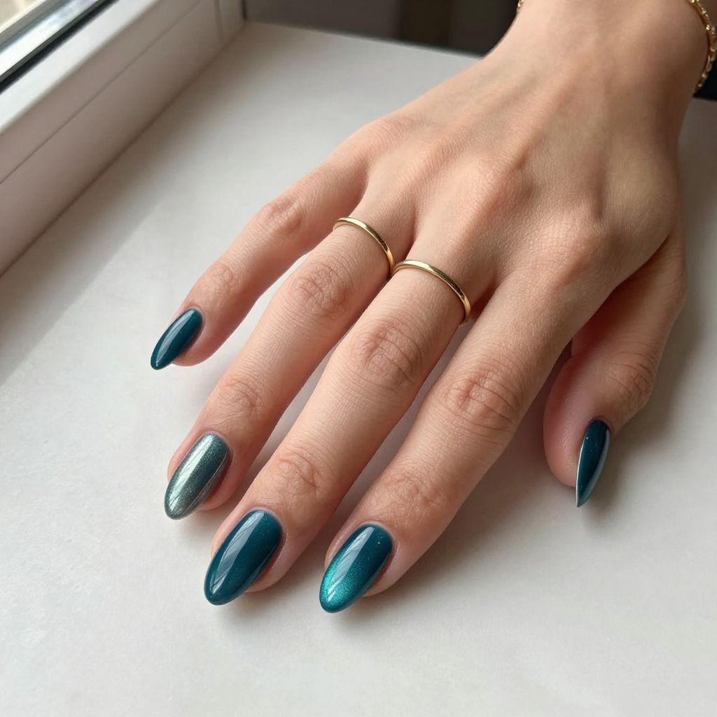Teal Cat Eye Nails