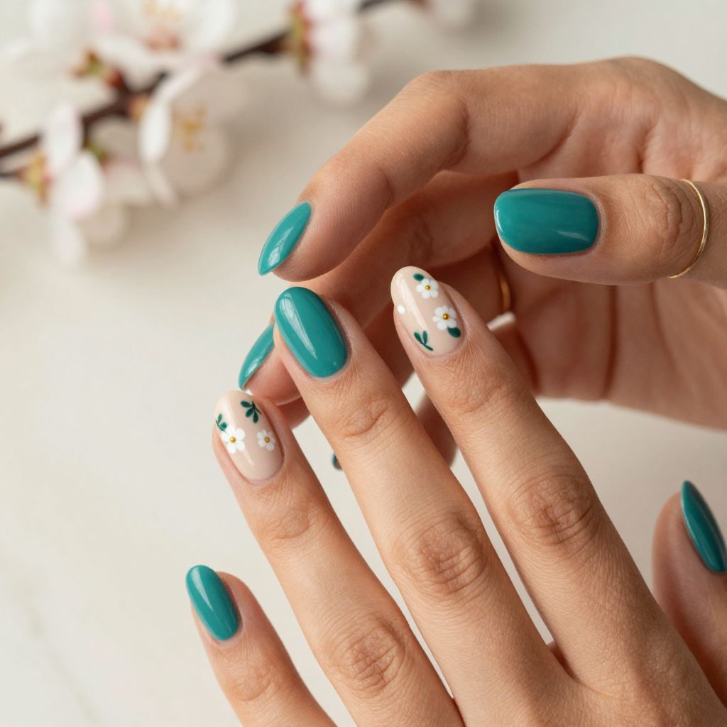 Teal Floral Accent Nails
