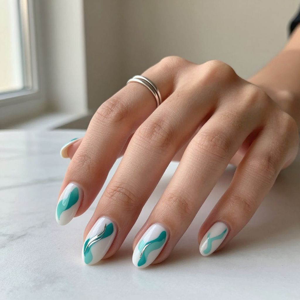 Teal and White Abstract Nails