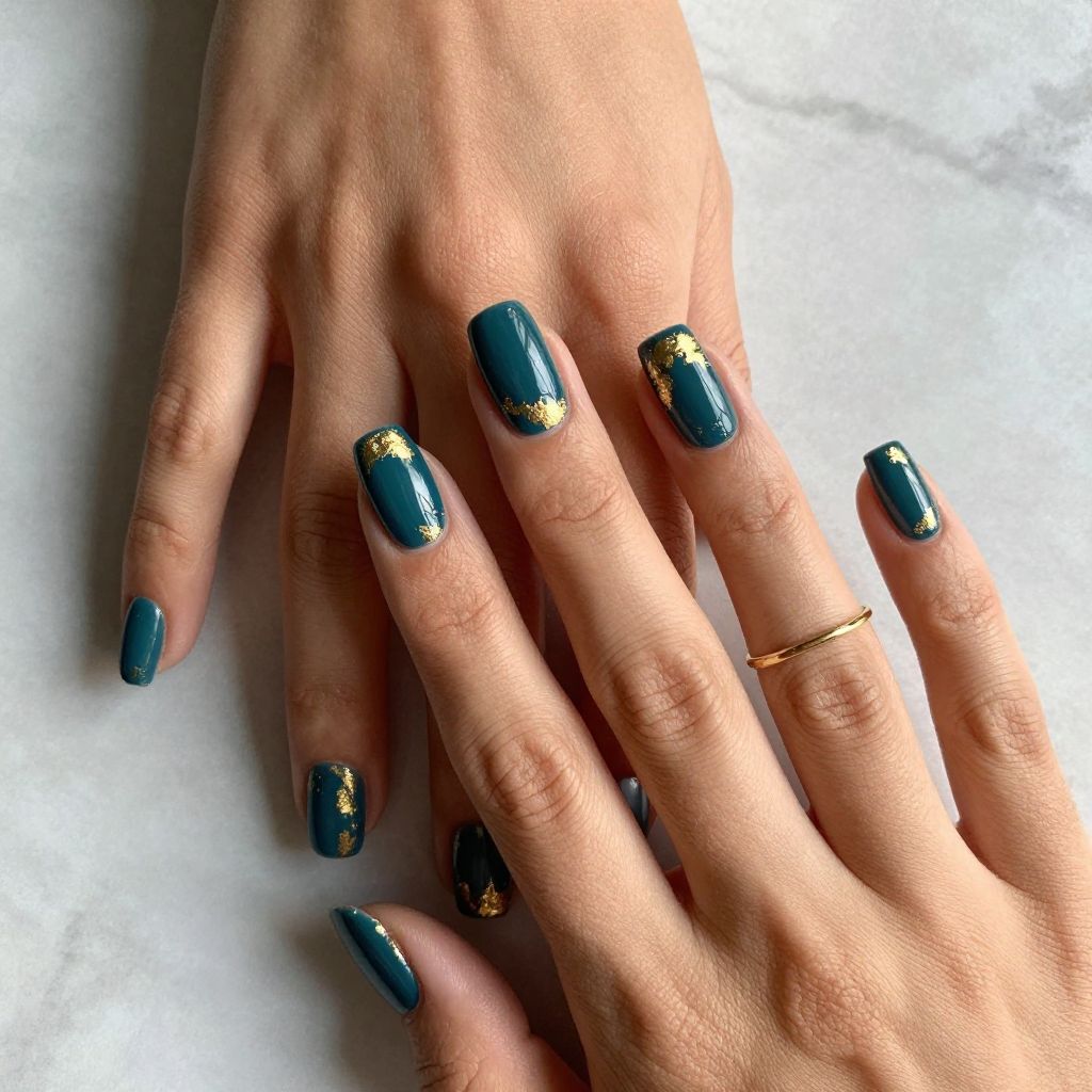 Teal and Gold Foil Nails