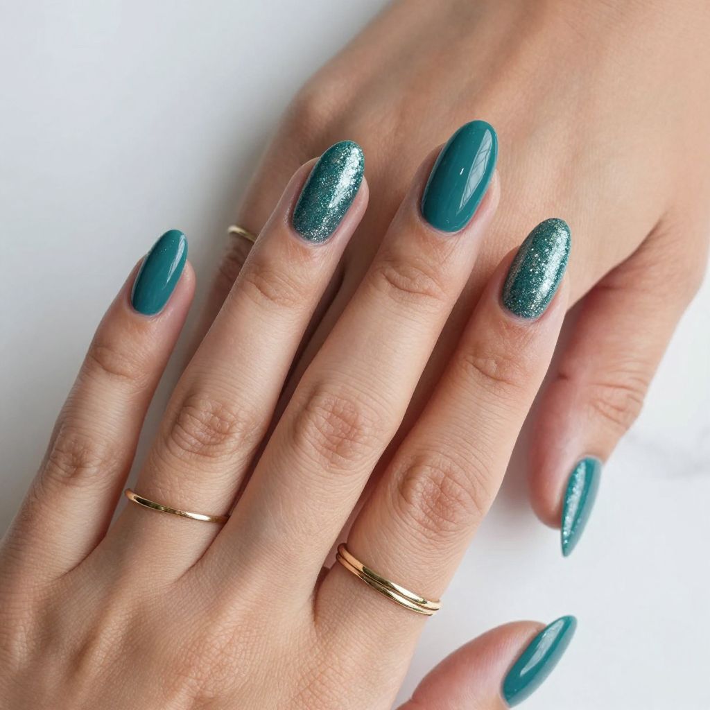Teal Glitter Gradient Nails