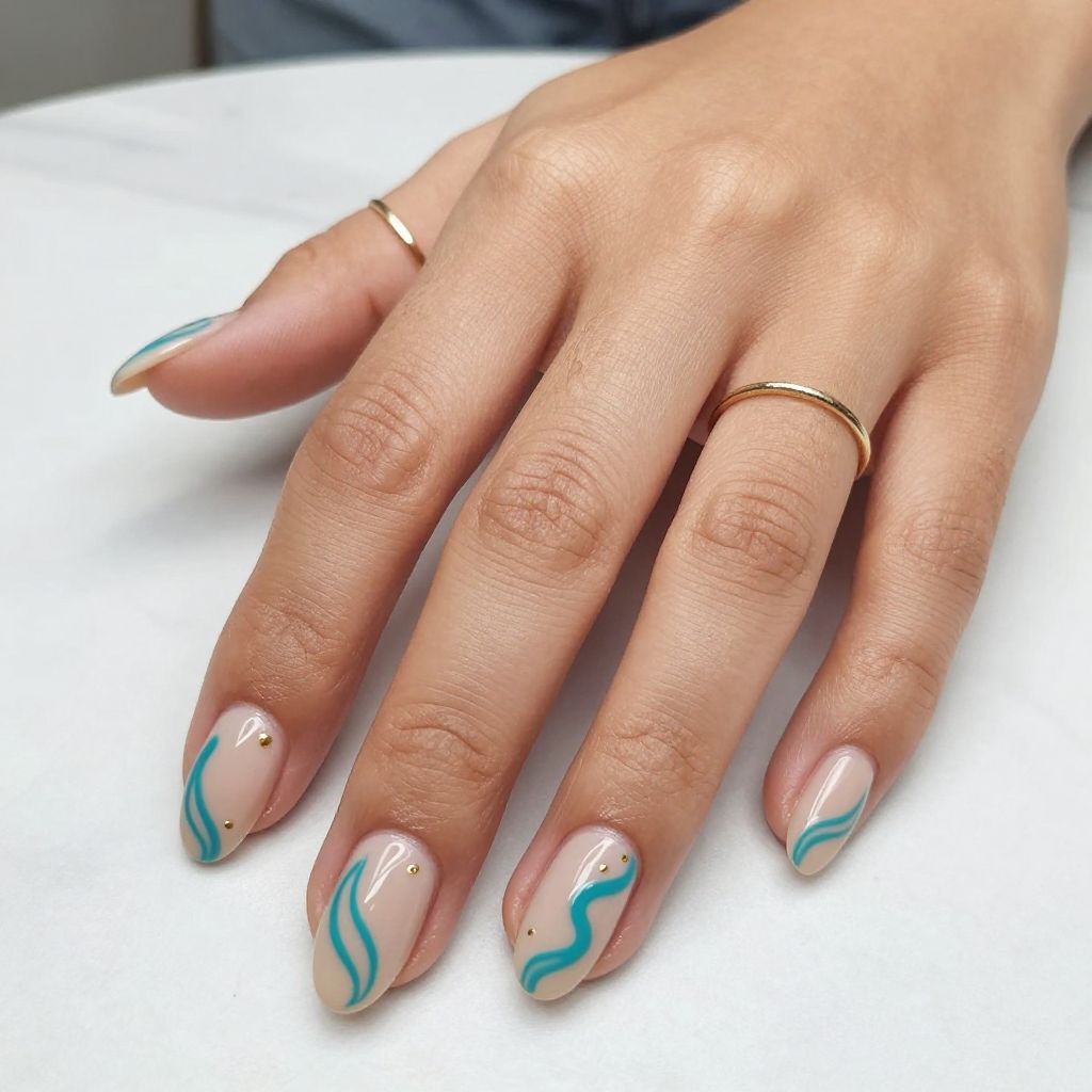 Teal and Nude Swirl Nails