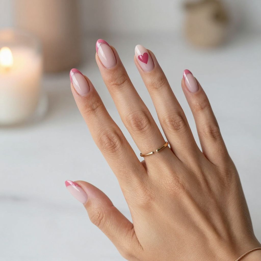 Soft Pink French With Heart Tips