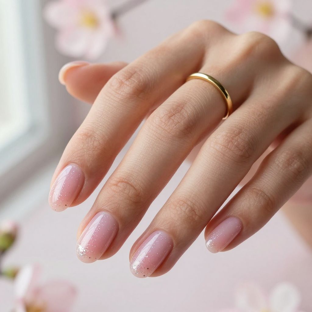 Transparent Pink Nails With Floating Glitter