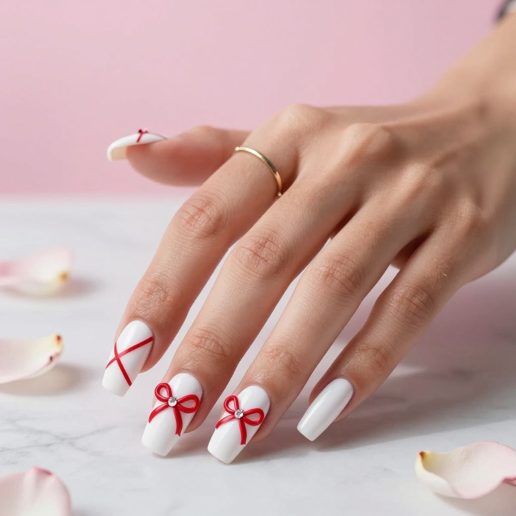 White Nails With Red Ribbon Art