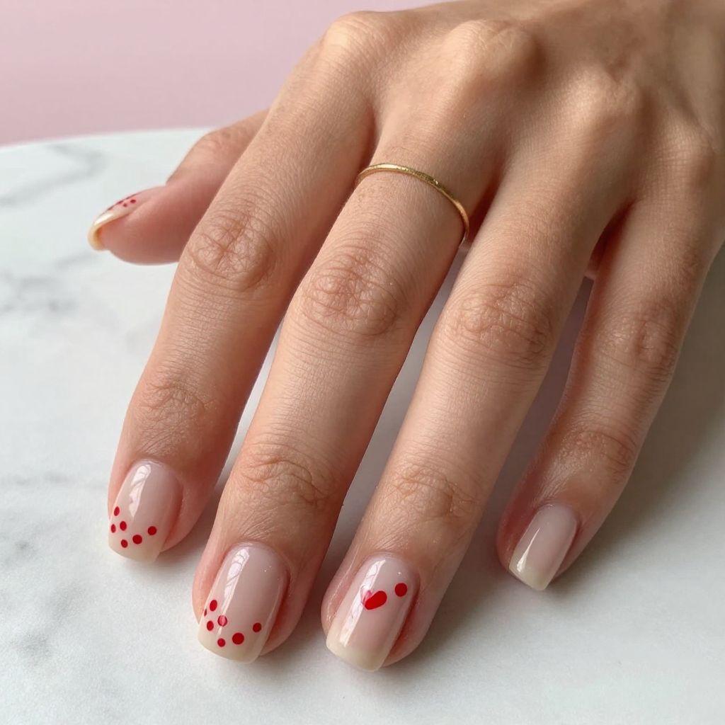 Soft Nude Nails With Tiny Crimson Dots