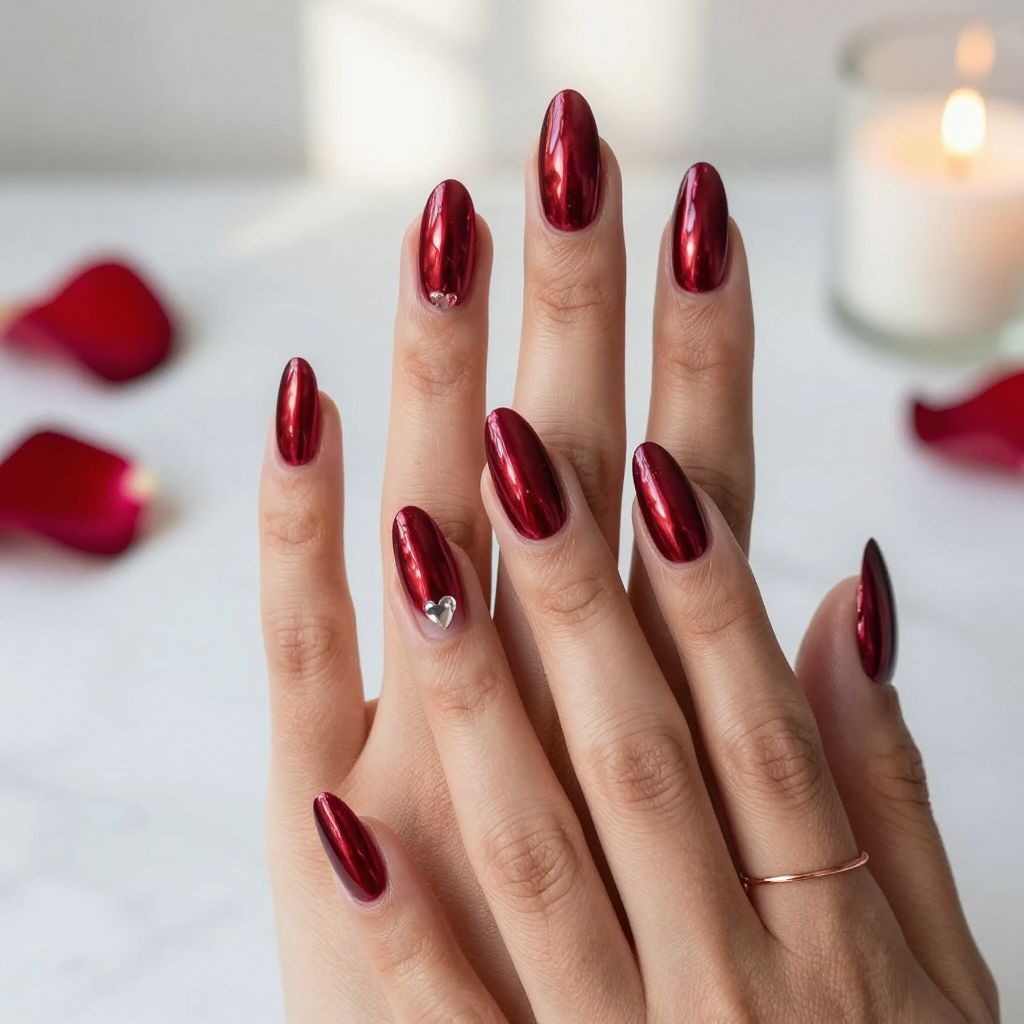 Classic Red Chrome Almond Nails