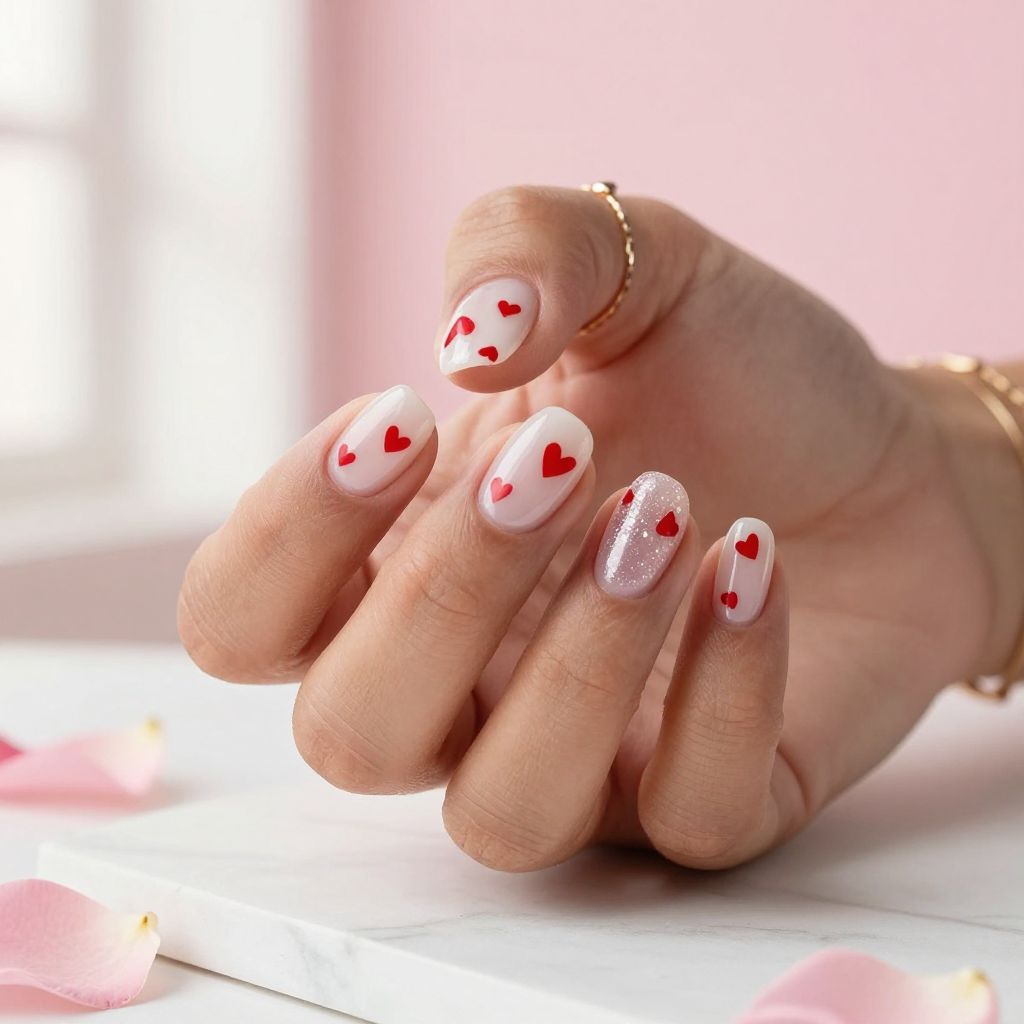Sheer Milky Nails With Tiny Red Hearts