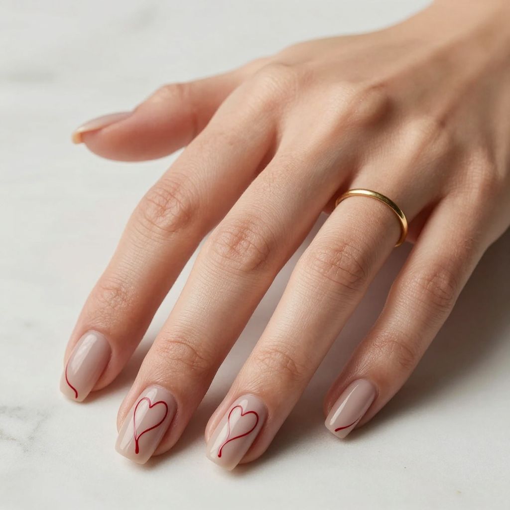 Nude Nails With Crimson Line Art