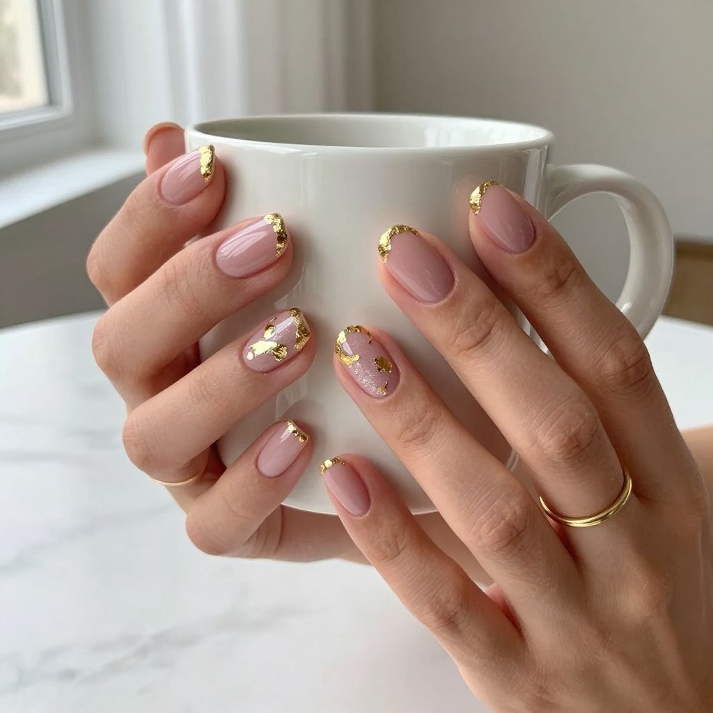 Blush Nails With Gold Foil Hearts