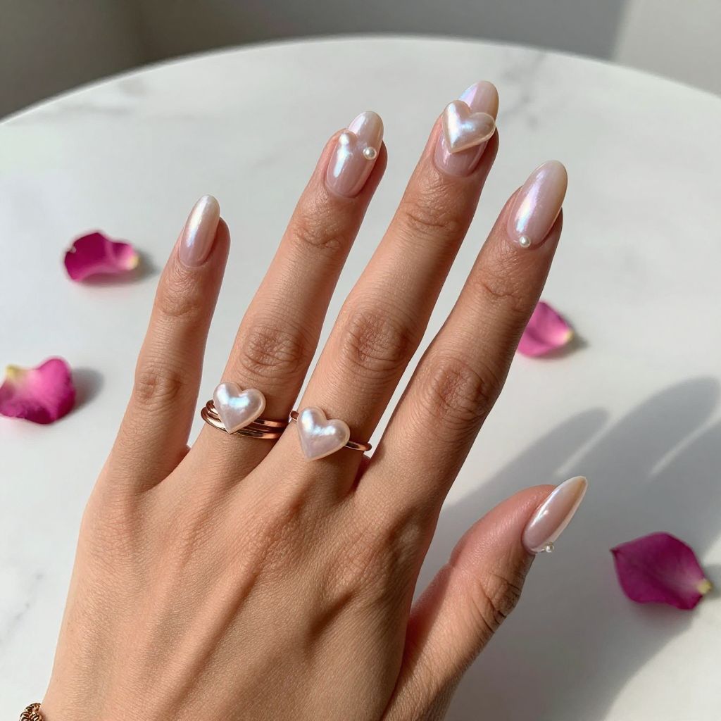 Pearl Pink Nails With 3D Hearts