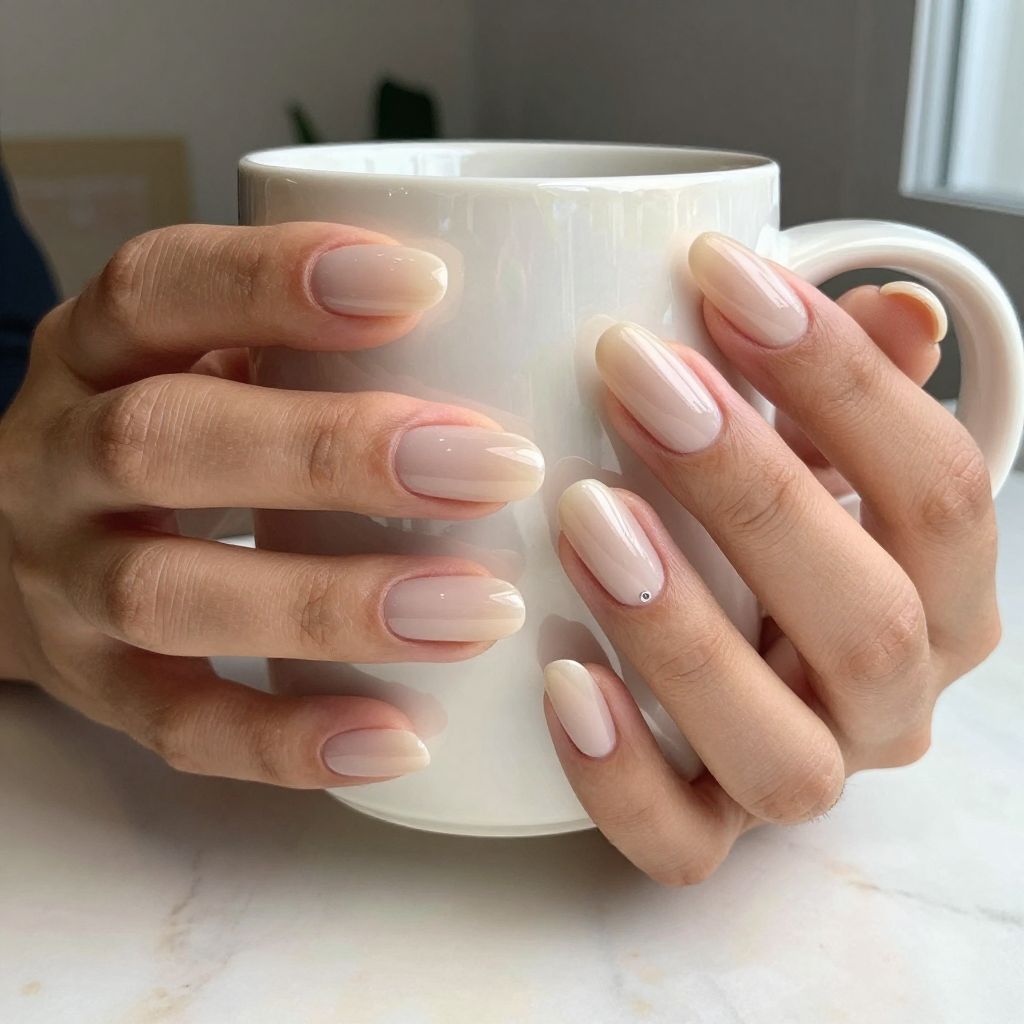 Sheer nude coffin nails with a glossy finish