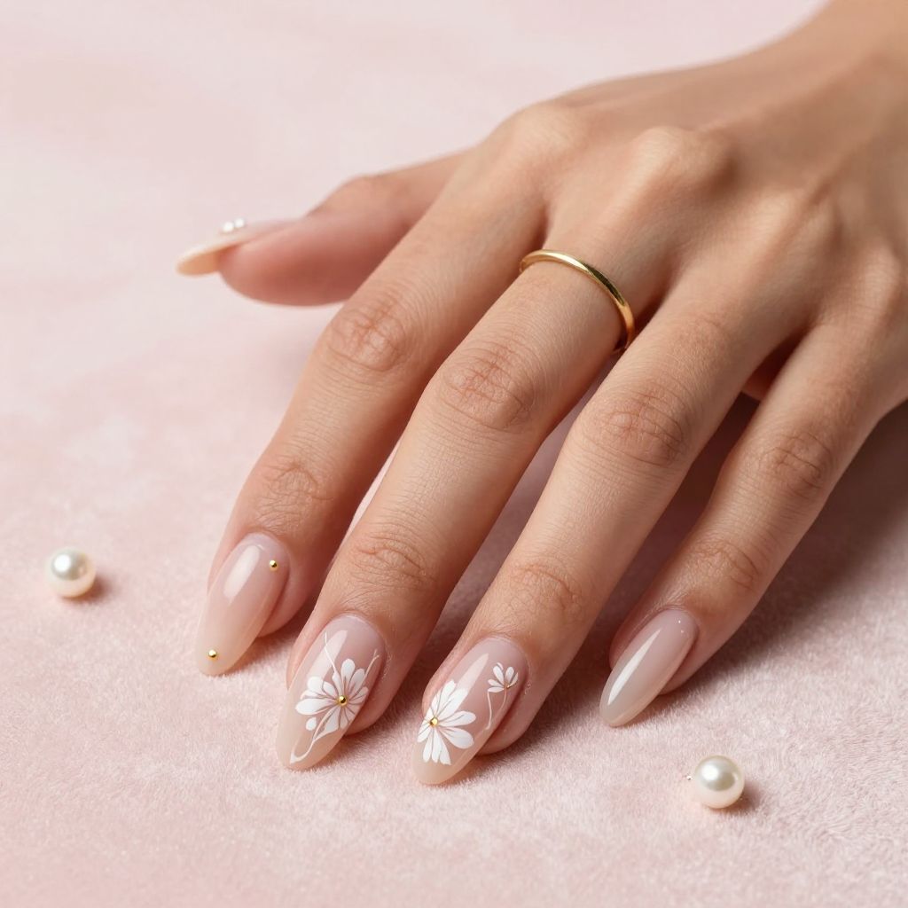 Nude coffin nails with white floral art