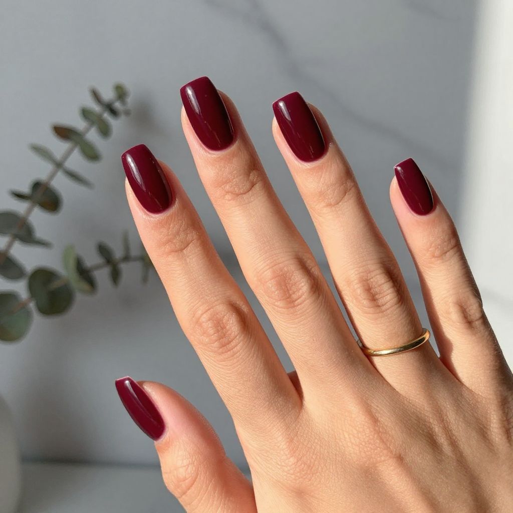 Deep burgundy coffin nails with glossy depth