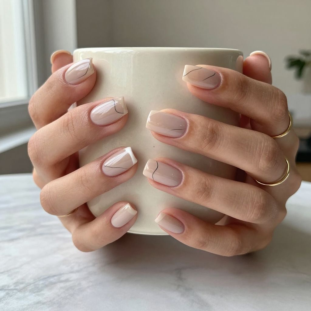 Soft beige coffin nails with minimal line art