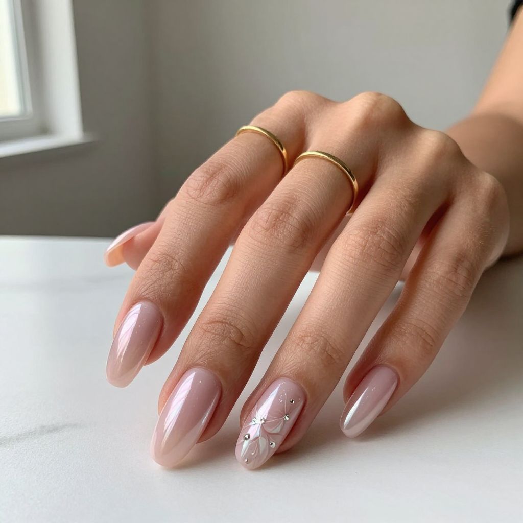 Soft pink coffin nails with pearly chrome