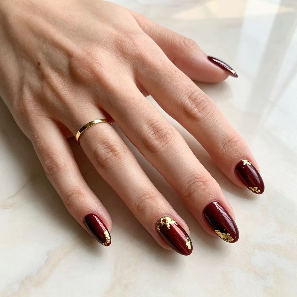 July Nail Ideas Metallic Merlot and Gold Foil