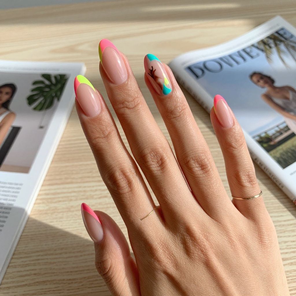 July Nail Ideas Neon French with Clear Base