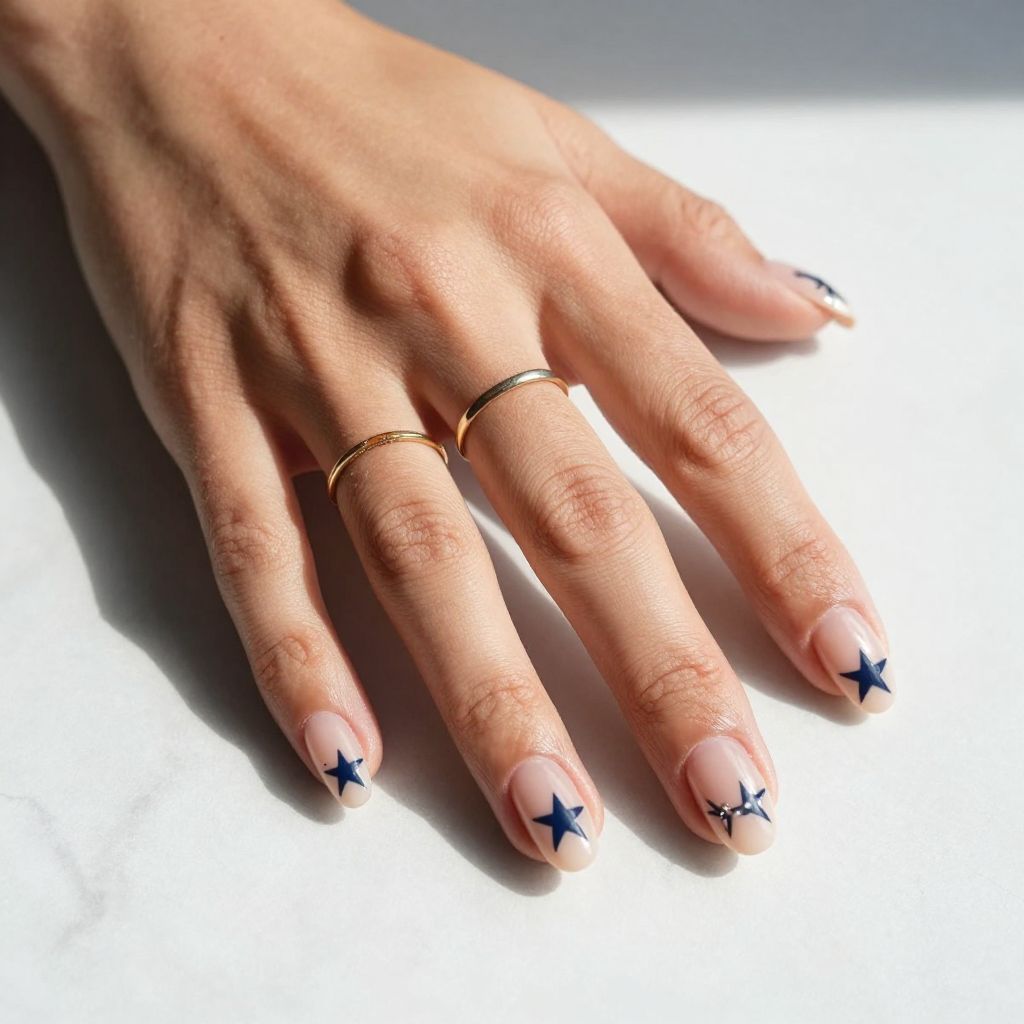 July Nail Ideas Navy Stars and Sheer Nude