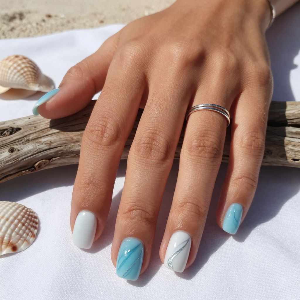 July Nail Ideas Coastal White and Sea Glass Blue
