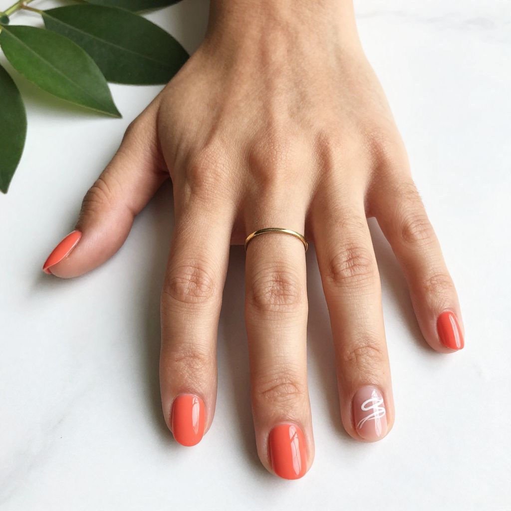July Nail Ideas Coral Gloss with Minimal Line Art