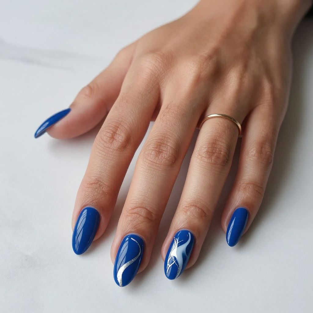 Deep Blue Abstract Long Nails