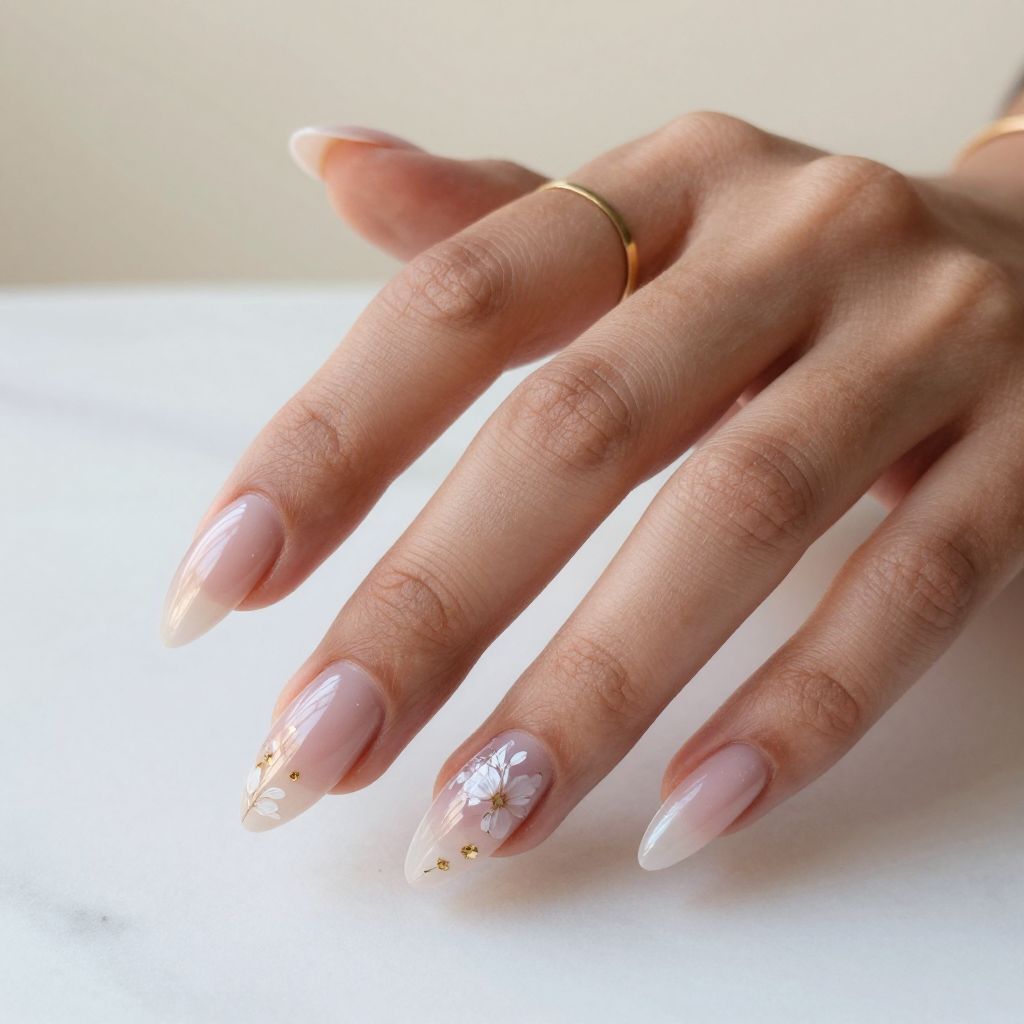 Clear Tip Long Nails With Floral Encapsulation