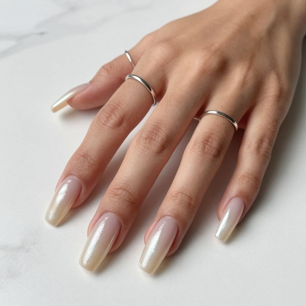 Chrome Coffin Nails in Soft Pearl
