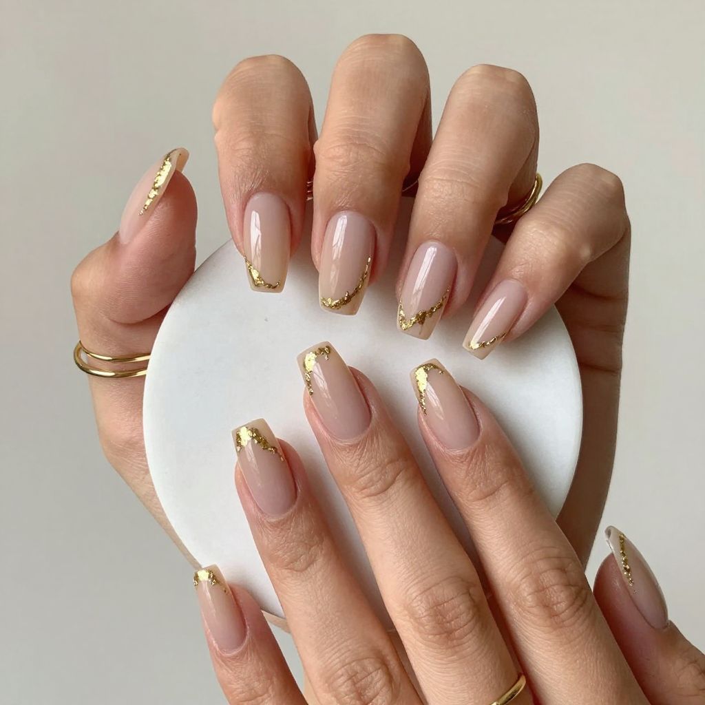 Square Nude Nails With Gold Foil