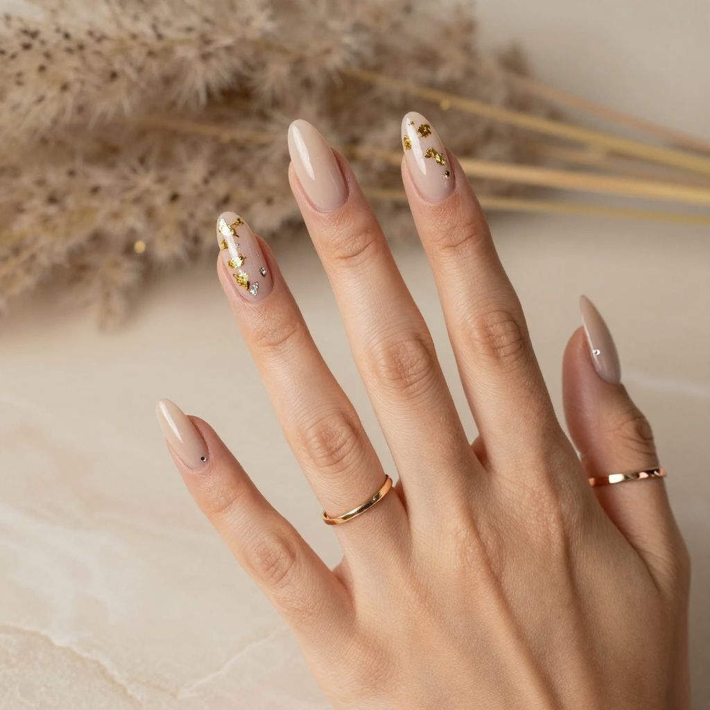 Nude Coffin Nails with Gold Foil