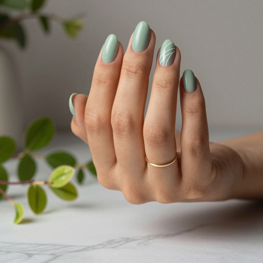 Soft sage oval nails for March
