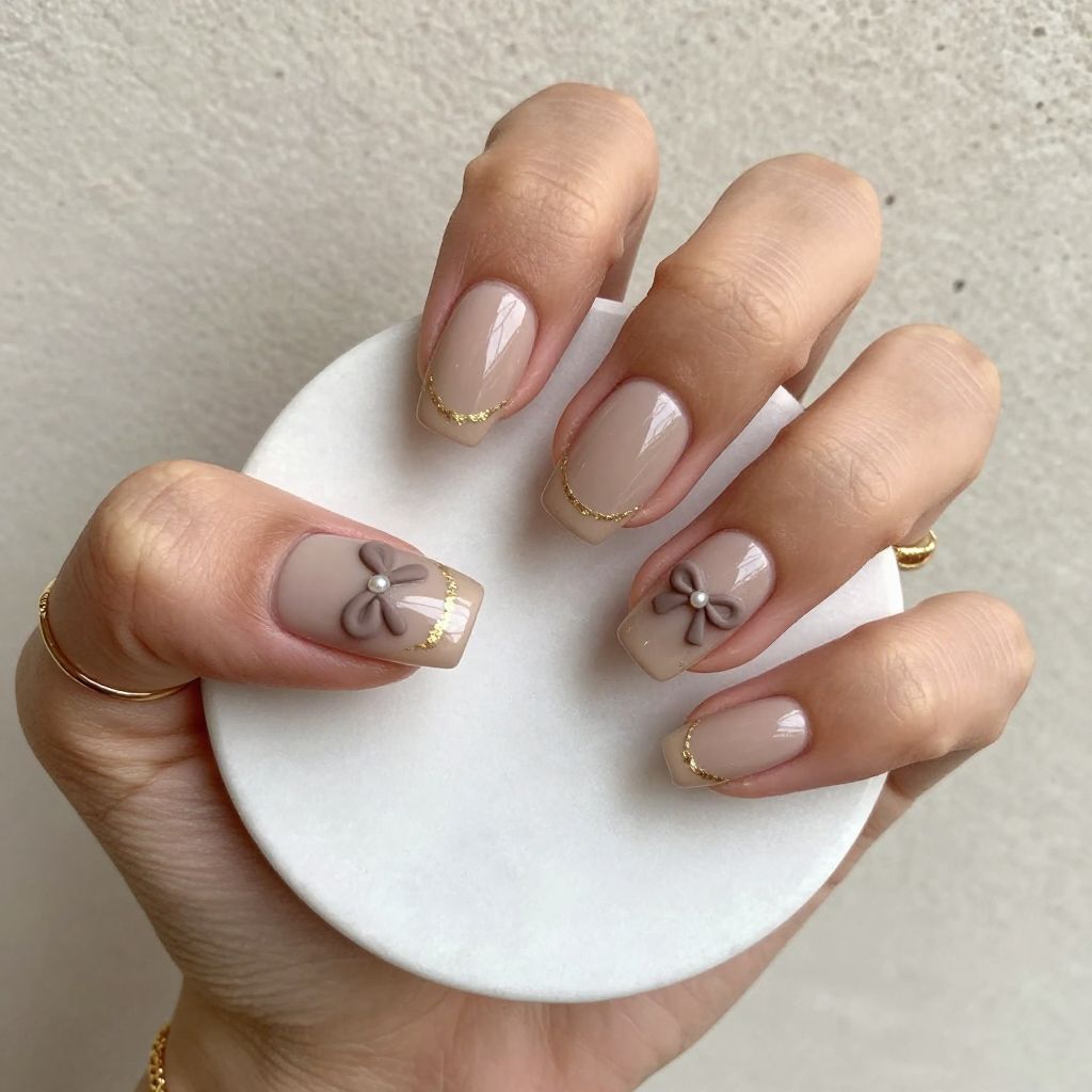 Taupe bow accent nails for March
